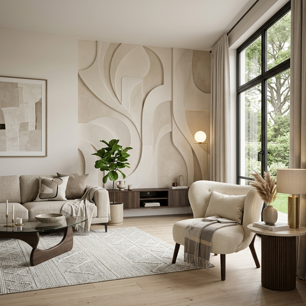 Luxurious living room featuring modern geometric 3D wallpaper design from the Wallarch collection